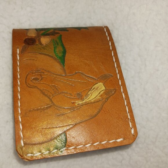 Handcrafted, carved horse and green oak leaves, leather wallet. - Picture 4 of 9